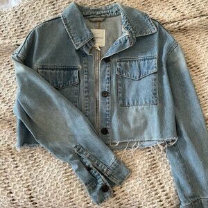Anthropology Denim Cropped Raw Edge Drop Shoulder Jacket Front Pockets